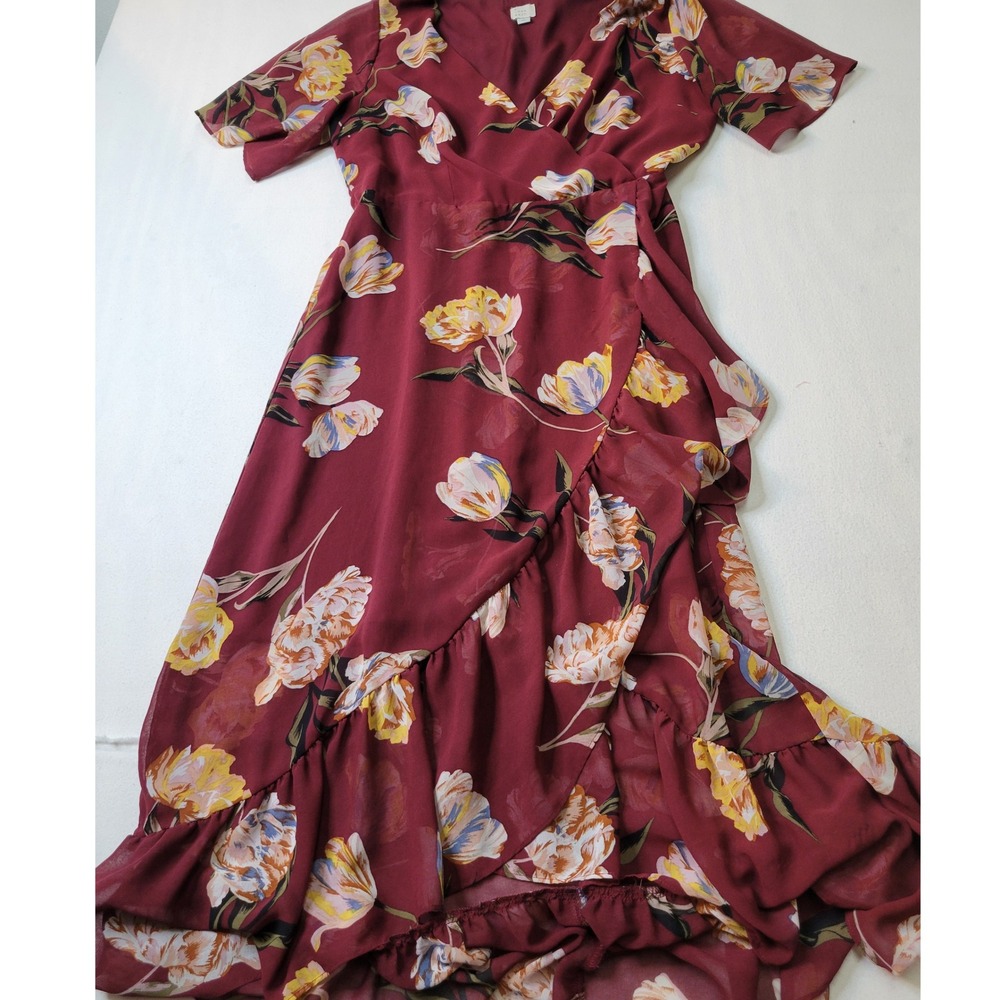 A New Day Floral Wrap Maxi Dress Burgundy Wine Ruffle High Low Hem L 1033